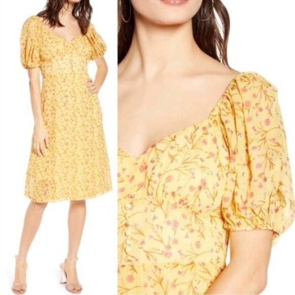 J.O.A. Just One Answer Puff Sleeve Midi Dress Women’s Size Medium Floral Yellow - Picture 1 of 11